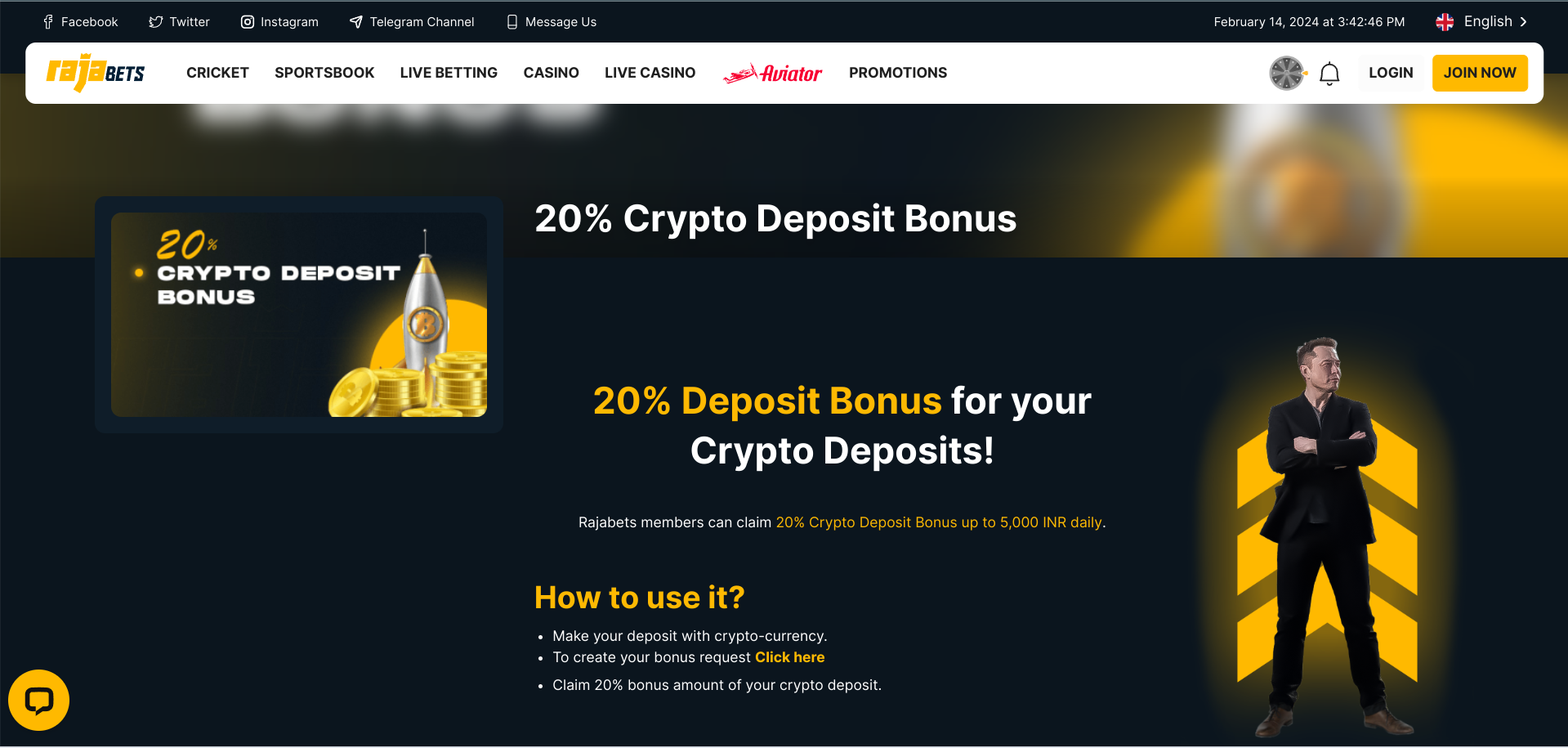 Rajabets caters to crypto enthusiasts with a 20% Crypto Deposit Bonus.