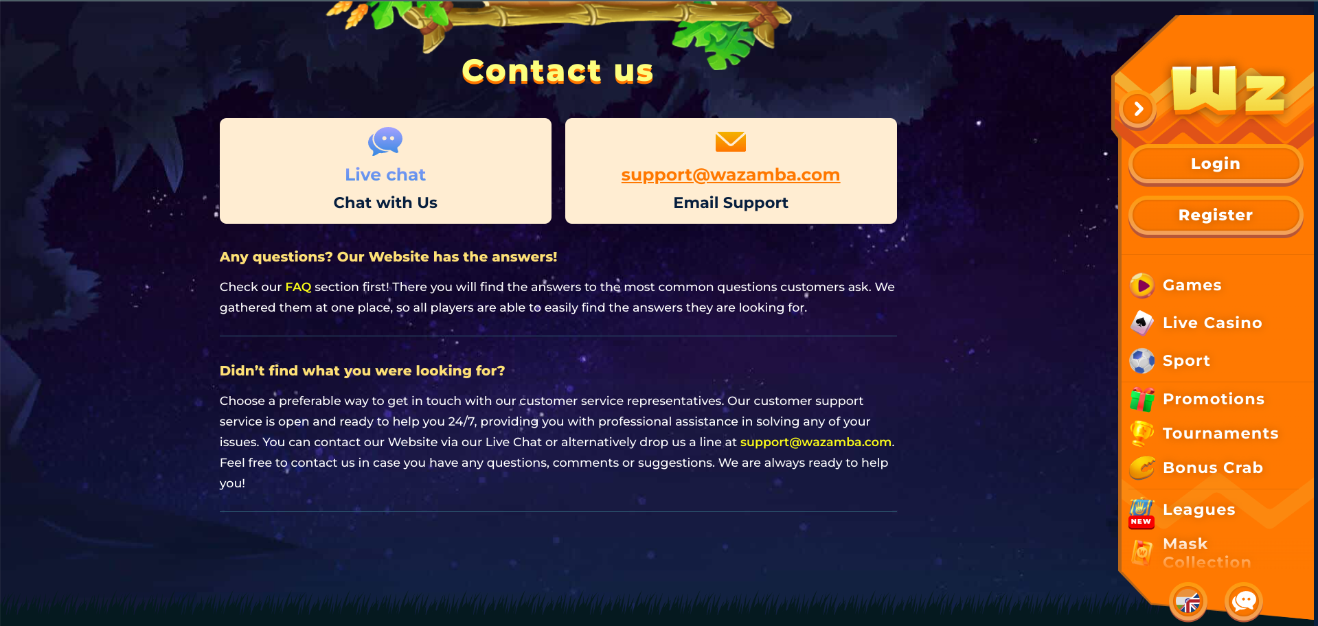 How can I contact customer support for Wazamba betting in 2024?