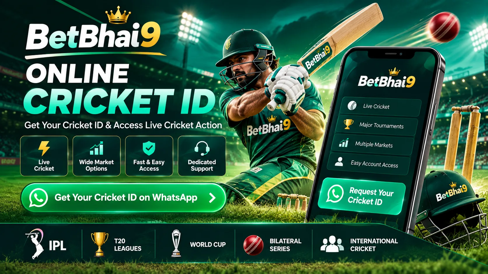 BetBhai9 Online Cricket ID banner featuring a cricket player and mobile account illustration